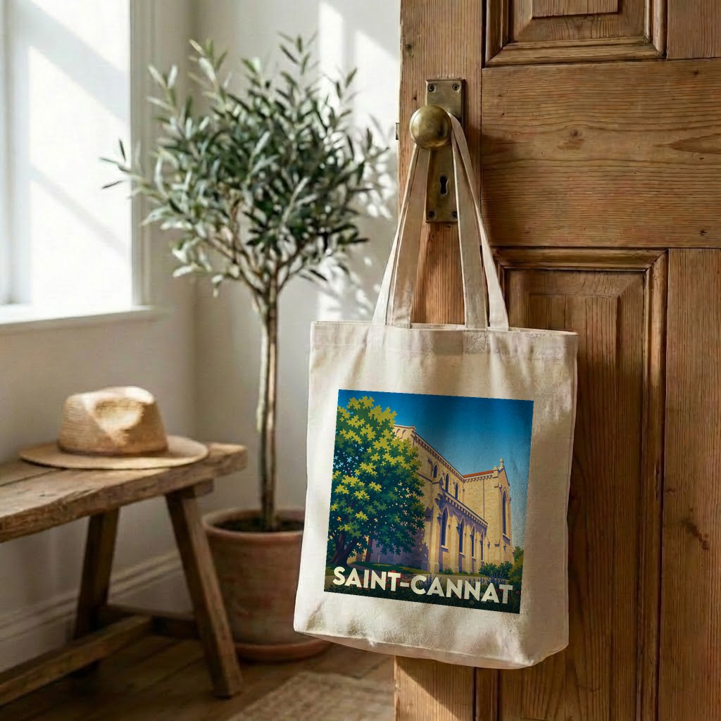 Tote bag souvenir de la ville de Saint-Cannat avec une illustration stylisée d'une église et d'un arbre.