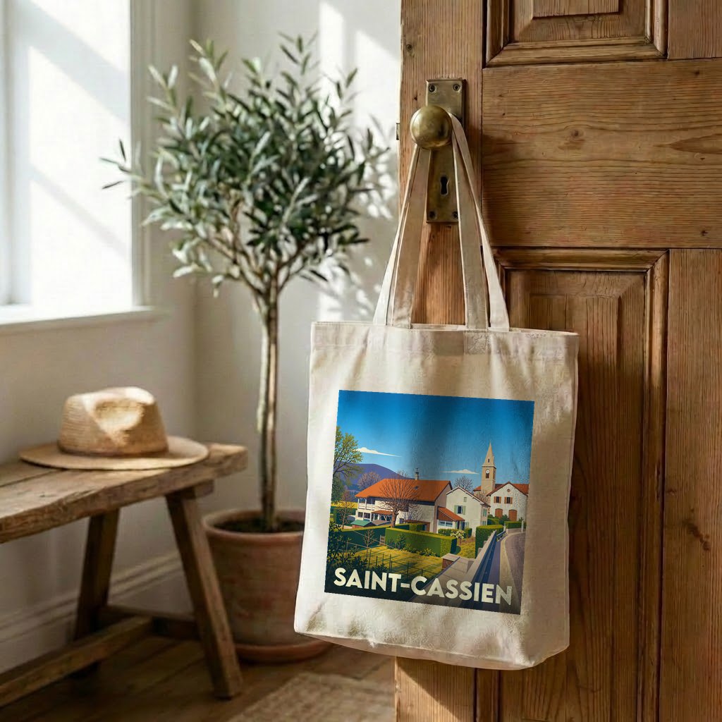 Tote bag souvenir de la ville de Saint-Cassien avec une illustration stylisée.