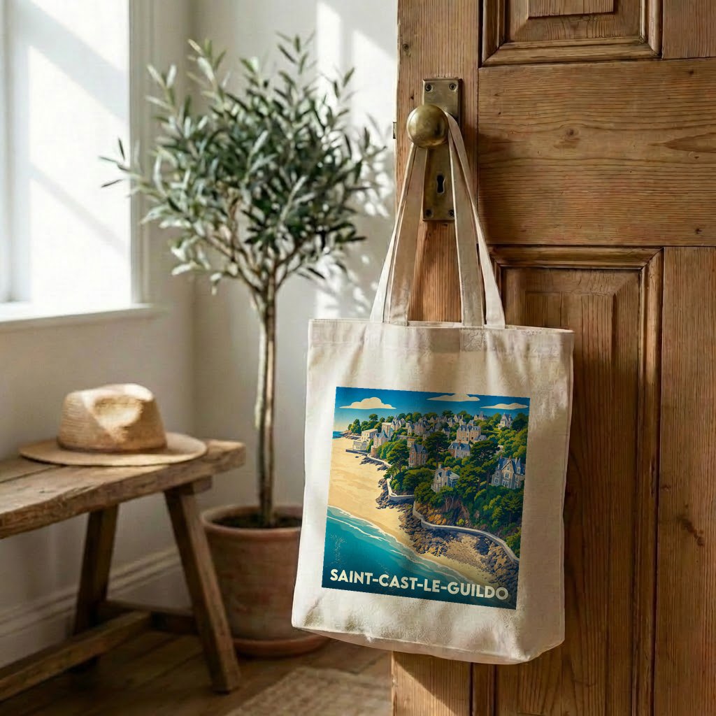 Tote bag souvenir de la ville de Saint-Cast-le-Guildo avec une illustration stylisée de son littoral.