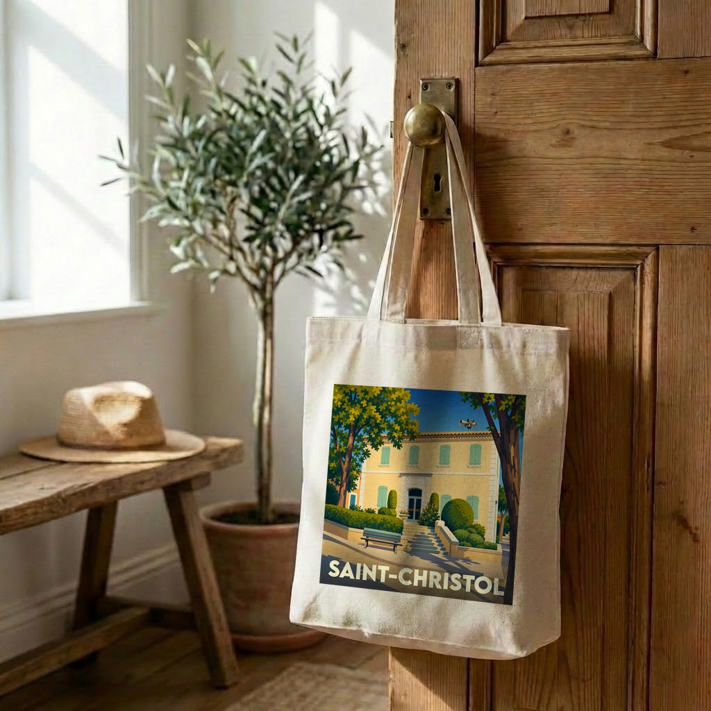 Tote bag souvenir de la ville de Saint-Christol avec une illustration stylisée.