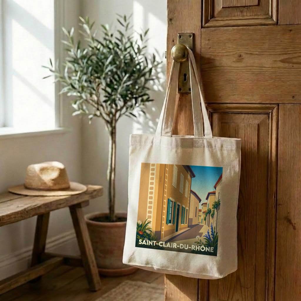 Tote bag souvenir de la ville de Saint-Clair-du-Rhône avec une illustration stylisée.