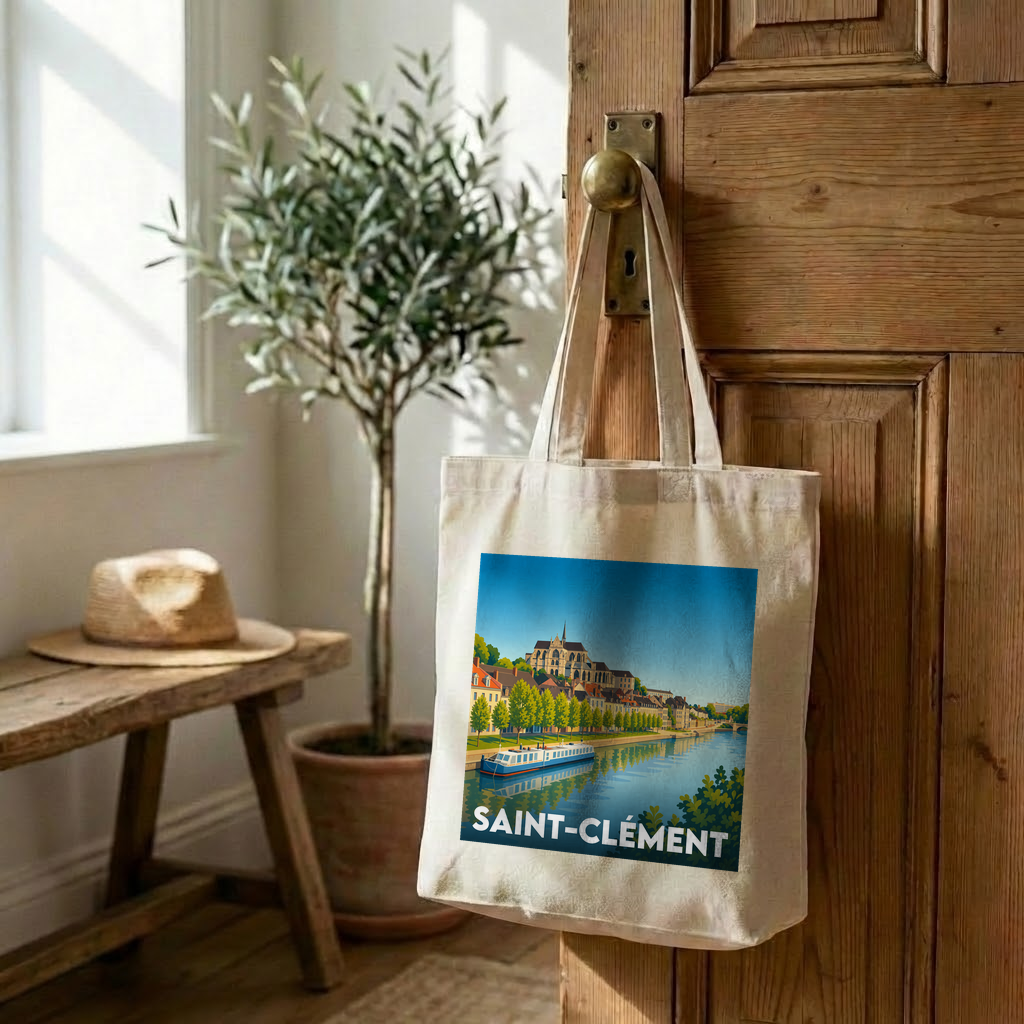 Tote bag souvenir de la ville de Saint-Clément avec une illustration stylisée d'un paysage fluvial.
