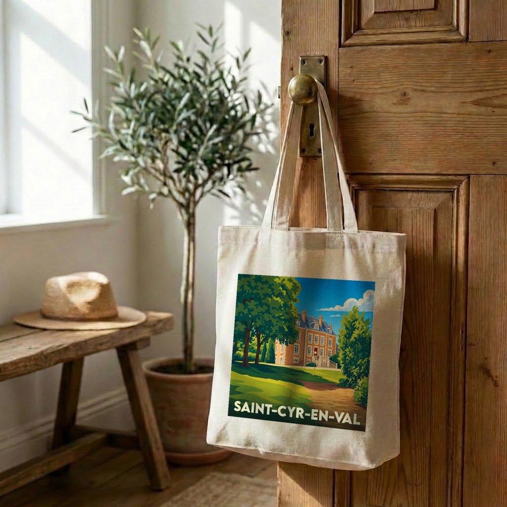 Tote bag souvenir de la ville de Saint-Cyr-en-Val avec une illustration stylisée.