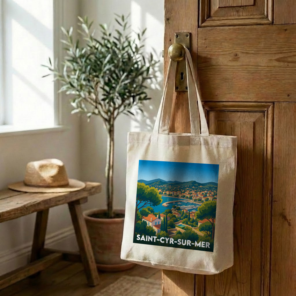 Tote bag souvenir de la ville de Saint-Cyr-sur-Mer avec une illustration stylisée de sa côte.