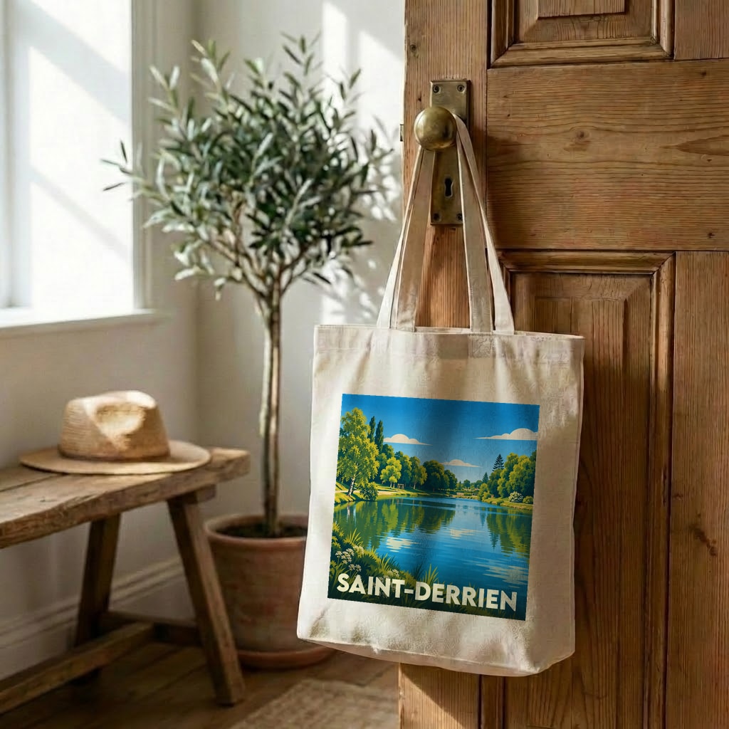 Tote bag souvenir de la ville de Saint-Derrien avec une illustration stylisée de son paysage.