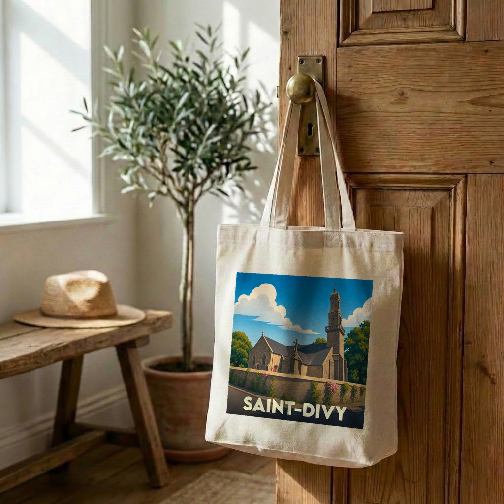 Tote bag souvenir de la ville de Saint-Divy avec une illustration stylisée de son église.