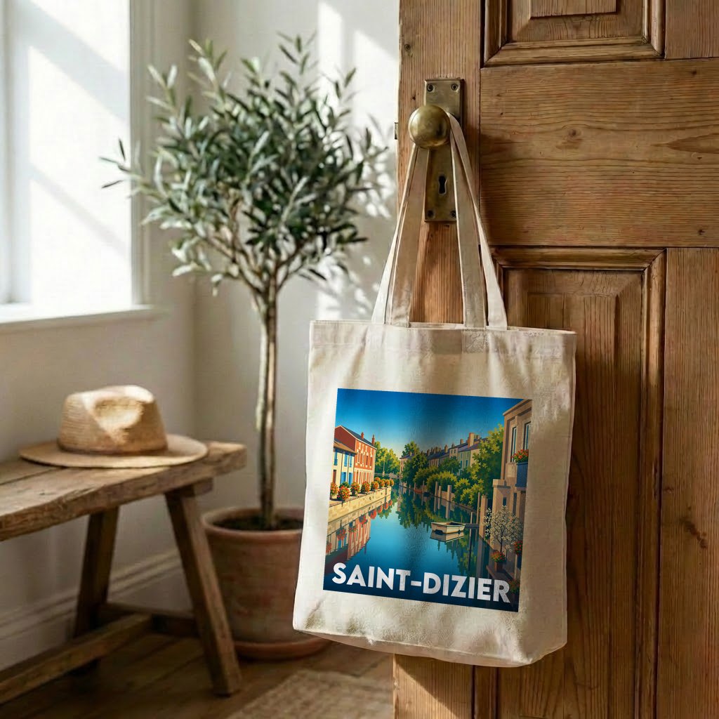 Tote bag souvenir de la ville de Saint-Dizier avec une illustration stylisée d'un canal.