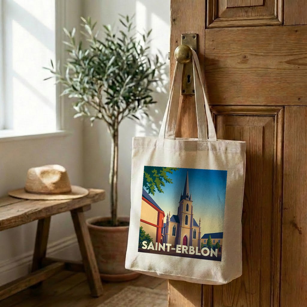 Tote bag souvenir de la ville de Saint-Erblon avec une illustration stylisée de son église.