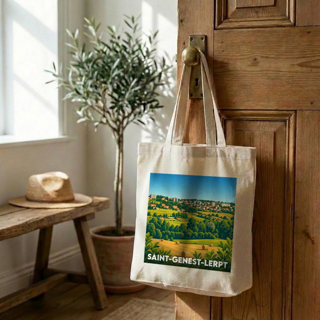 Tote bag souvenir de la ville de Saint-Genest-Lerpt avec une illustration de paysage champêtre.