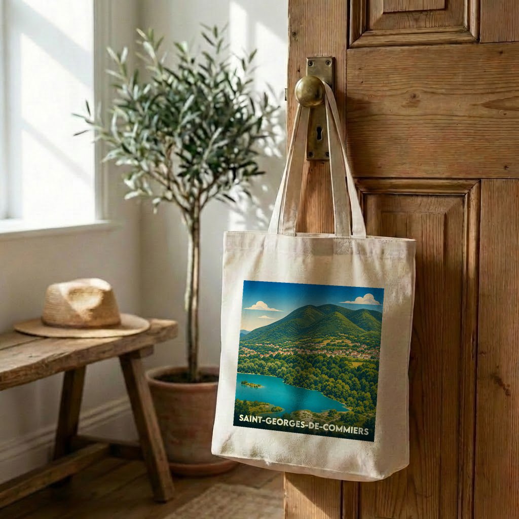 Tote bag souvenir de Saint-Georges-de-Commiers arborant une illustration paysagère stylisée.