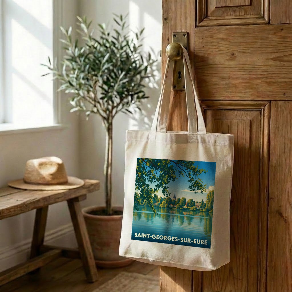Tote bag souvenir de Saint-Georges-sur-Eure orné d'une illustration paysagère stylisée.