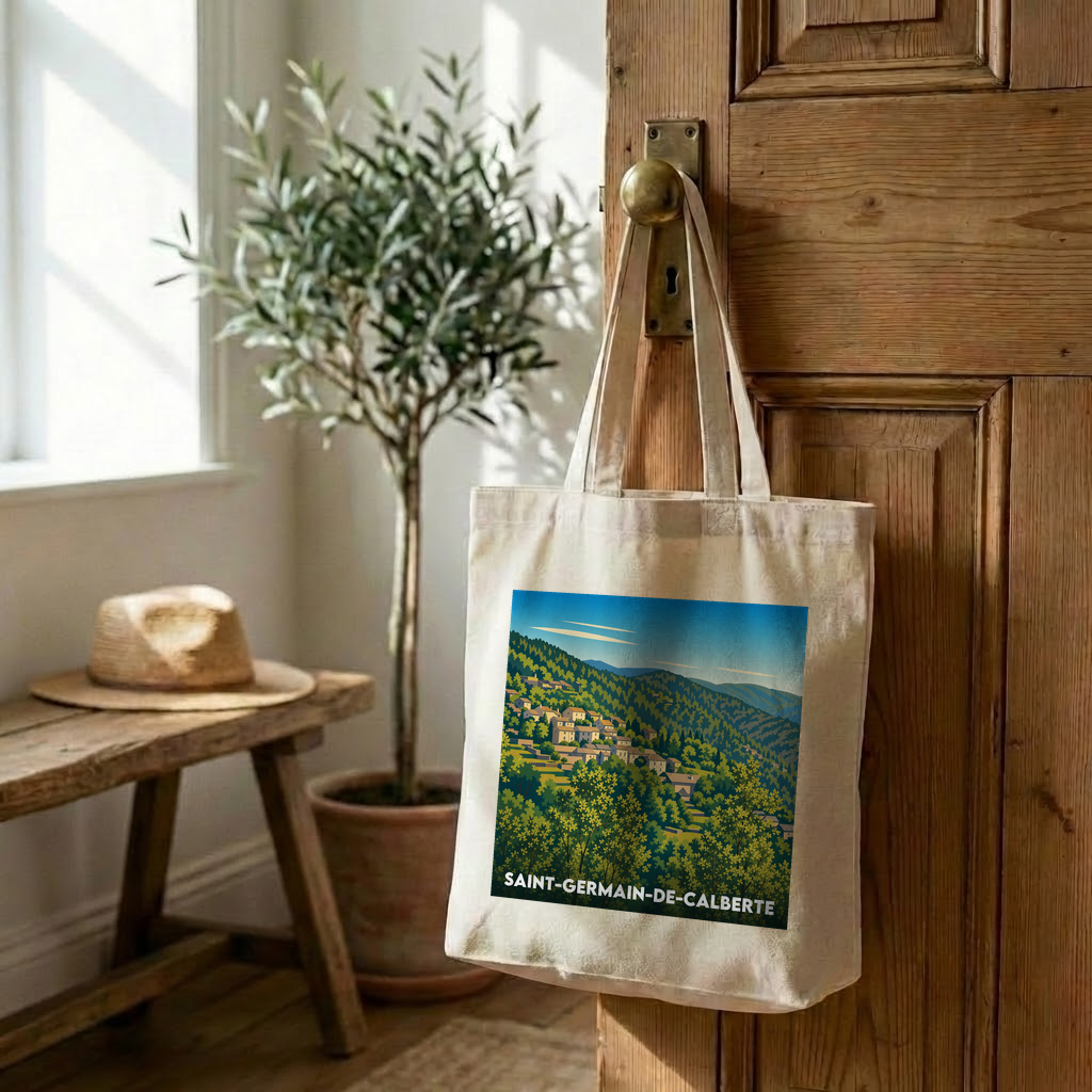 Tote bag souvenir de la ville de Saint-Germain-de-Calberte avec une illustration stylisée.