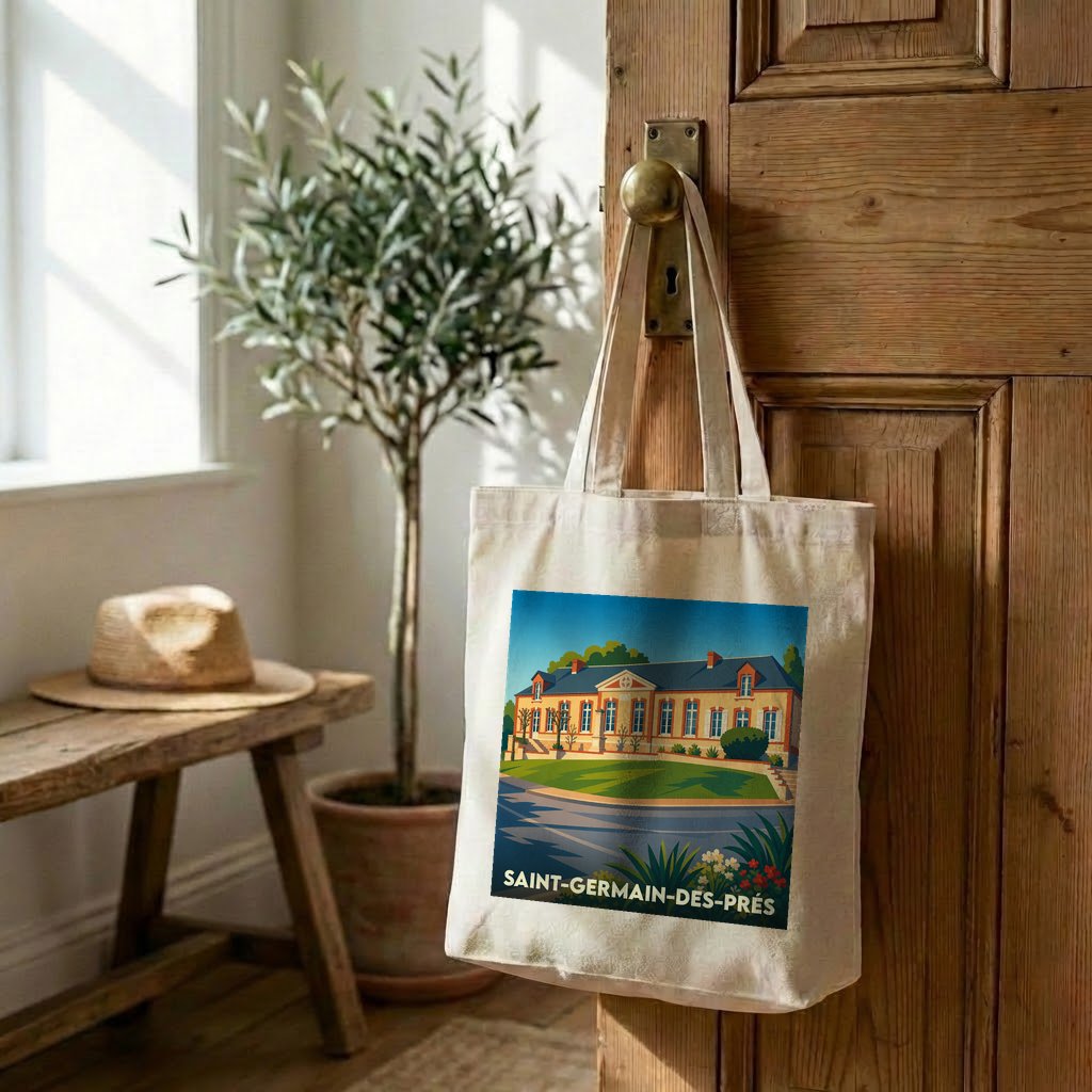 Tote bag souvenir de Saint-Germain-des-Prés avec une illustration stylisée d'un bâtiment historique.