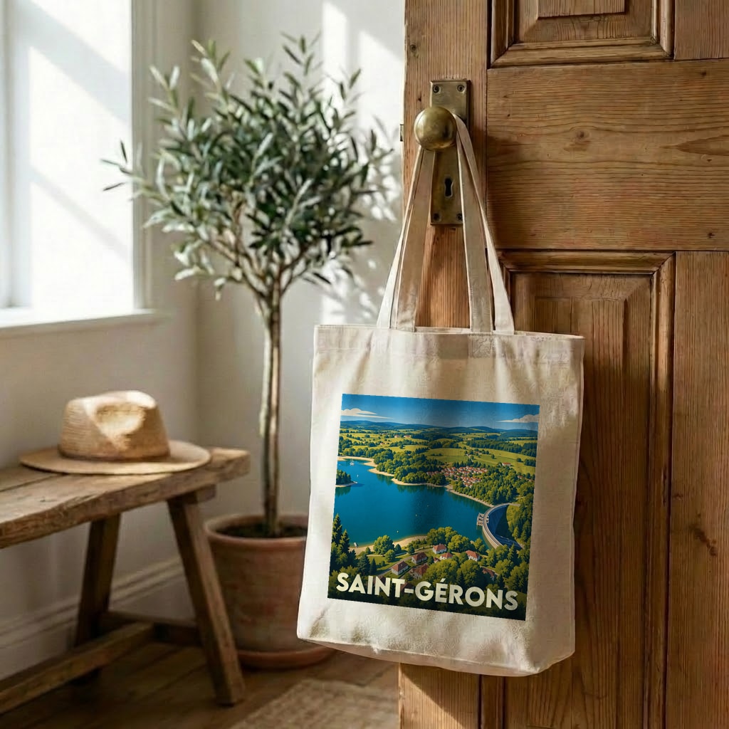 Tote bag souvenir de la ville de Saint-Gérons avec une illustration stylisée.