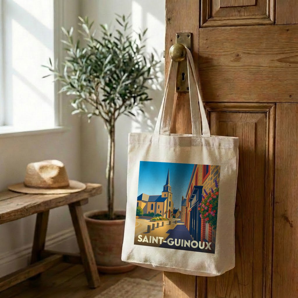 Tote bag souvenir de la ville de Saint-Guinoux avec une illustration stylisée.