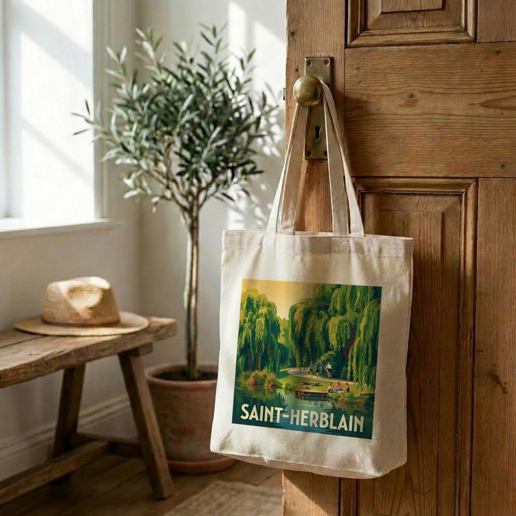 Tote bag souvenir de la ville de Saint-Herblain avec une illustration stylisée.