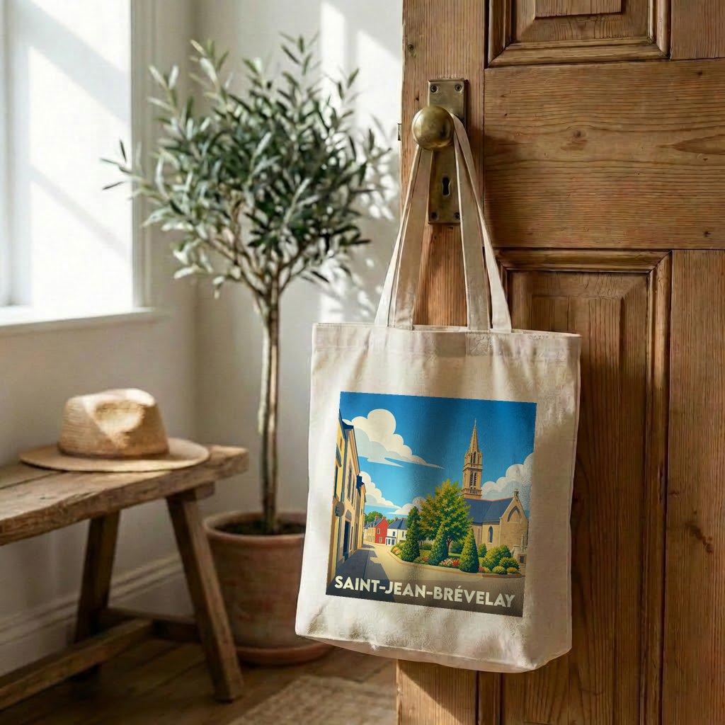 Tote bag souvenir de Saint-Jean-Brévelay avec une illustration colorée et stylisée de la ville.
