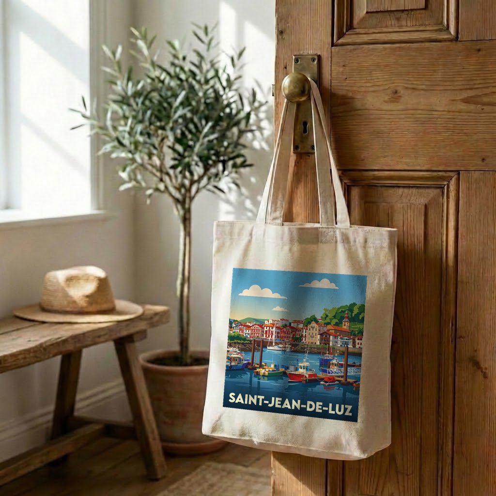 Tote bag souvenir de la ville de Saint-Jean-de-Luz avec une illustration stylisée du port.