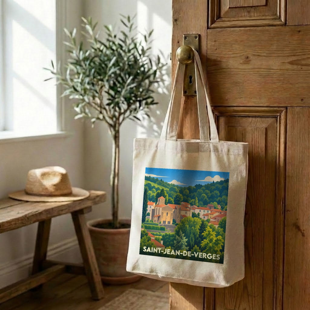 Tote bag souvenir de la ville de Saint-Jean-de-Verges avec une illustration paysagère colorée.