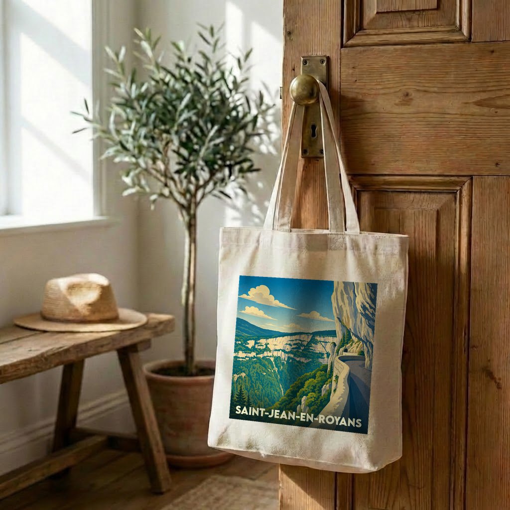 Sac cabas souvenir de la ville de Saint-Jean-en-Royans avec une illustration stylisée d'un paysage montagneux.