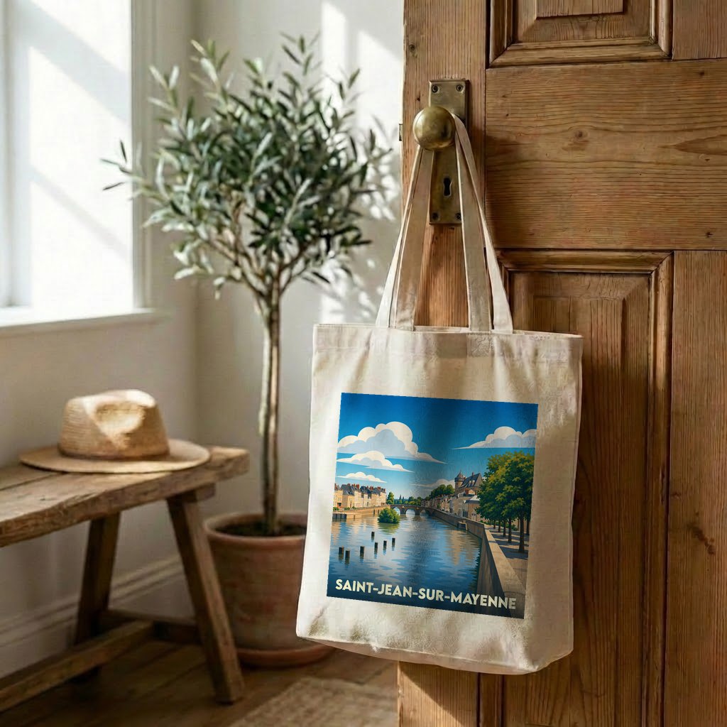 Tote bag souvenir de la ville de Saint-Jean-sur-Mayenne avec une illustration stylisée des bords de l'eau.