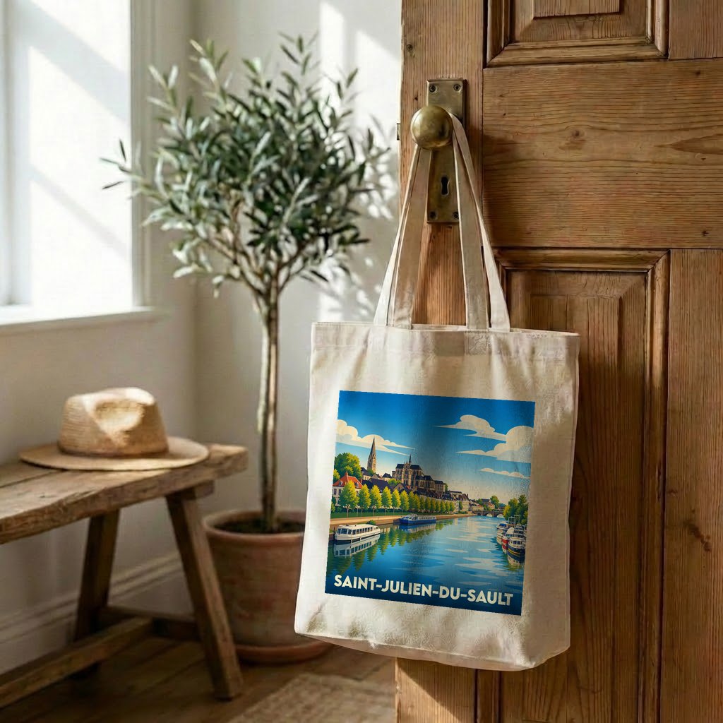 Tote bag souvenir de la ville de Saint-Julien-du-Sault avec une illustration stylisée d'un paysage fluvial.