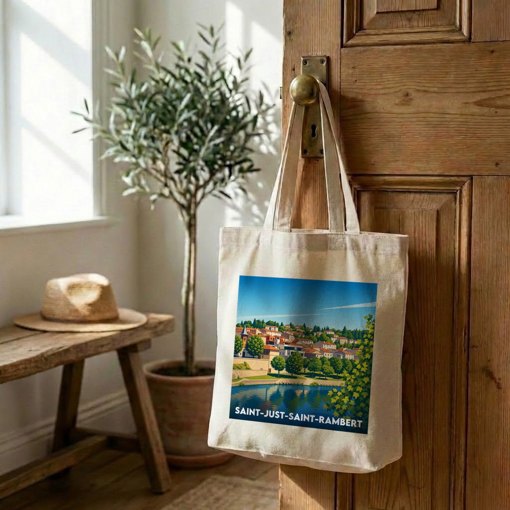Tote bag souvenir de la ville de Saint-Just-Saint-Rambert avec une illustration stylisée.
