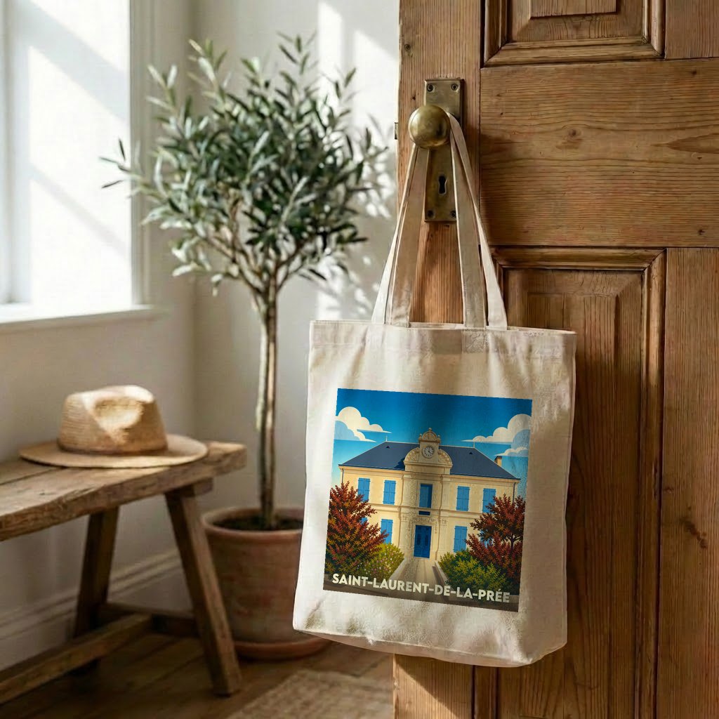 Tote bag souvenir de la ville de Saint-Laurent-de-la-Prée avec une illustration stylisée.