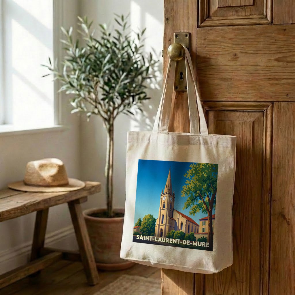 Tote bag souvenir de la ville de Saint-Laurent-de-Mure avec une illustration stylisée de son église.