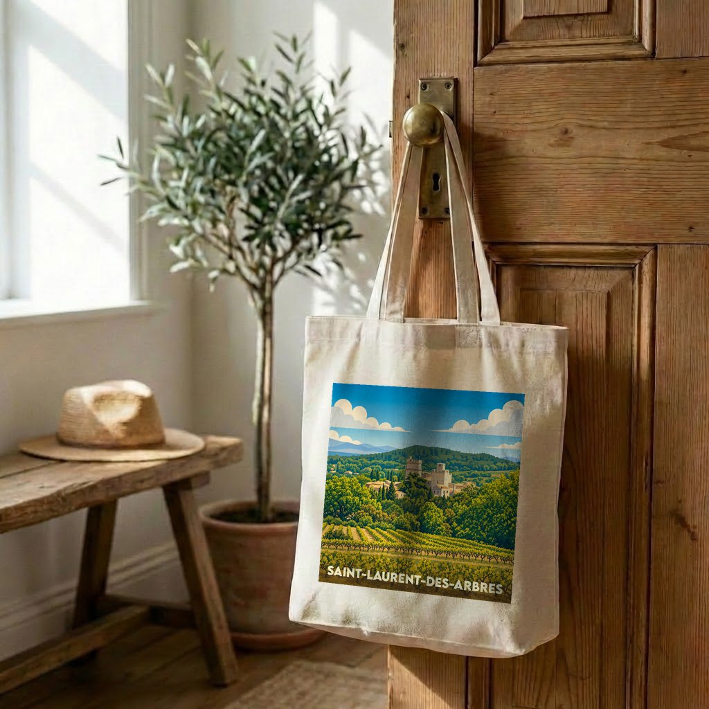 Tote bag souvenir de la ville de Saint-Laurent-des-Arbres avec une illustration de paysage viticole.