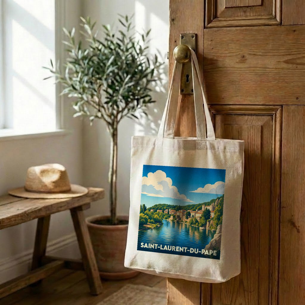 Tote bag souvenir de Saint-Laurent-du-Pape illustré d'un paysage de rivière et de collines.