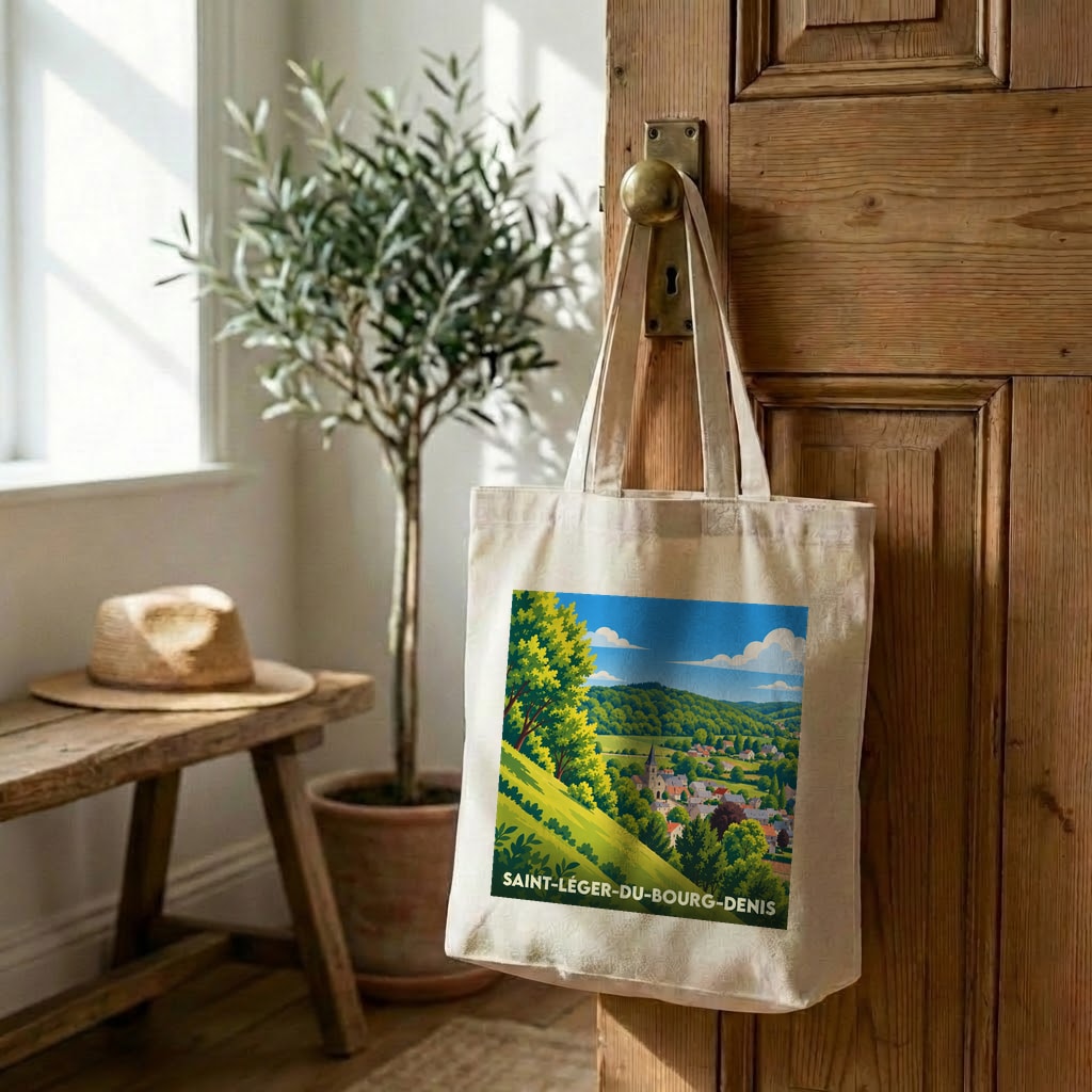 Tote bag souvenir de la ville de Saint-Léger-du-Bourg-Denis avec une illustration de paysage vallonné.