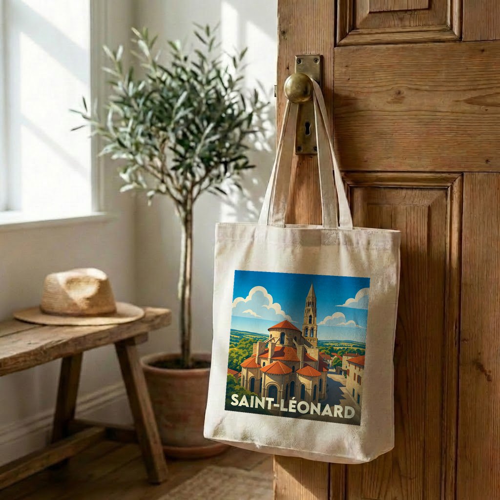 Tote bag souvenir de la ville de Saint-Léonard avec une illustration stylisée d'une église romane.