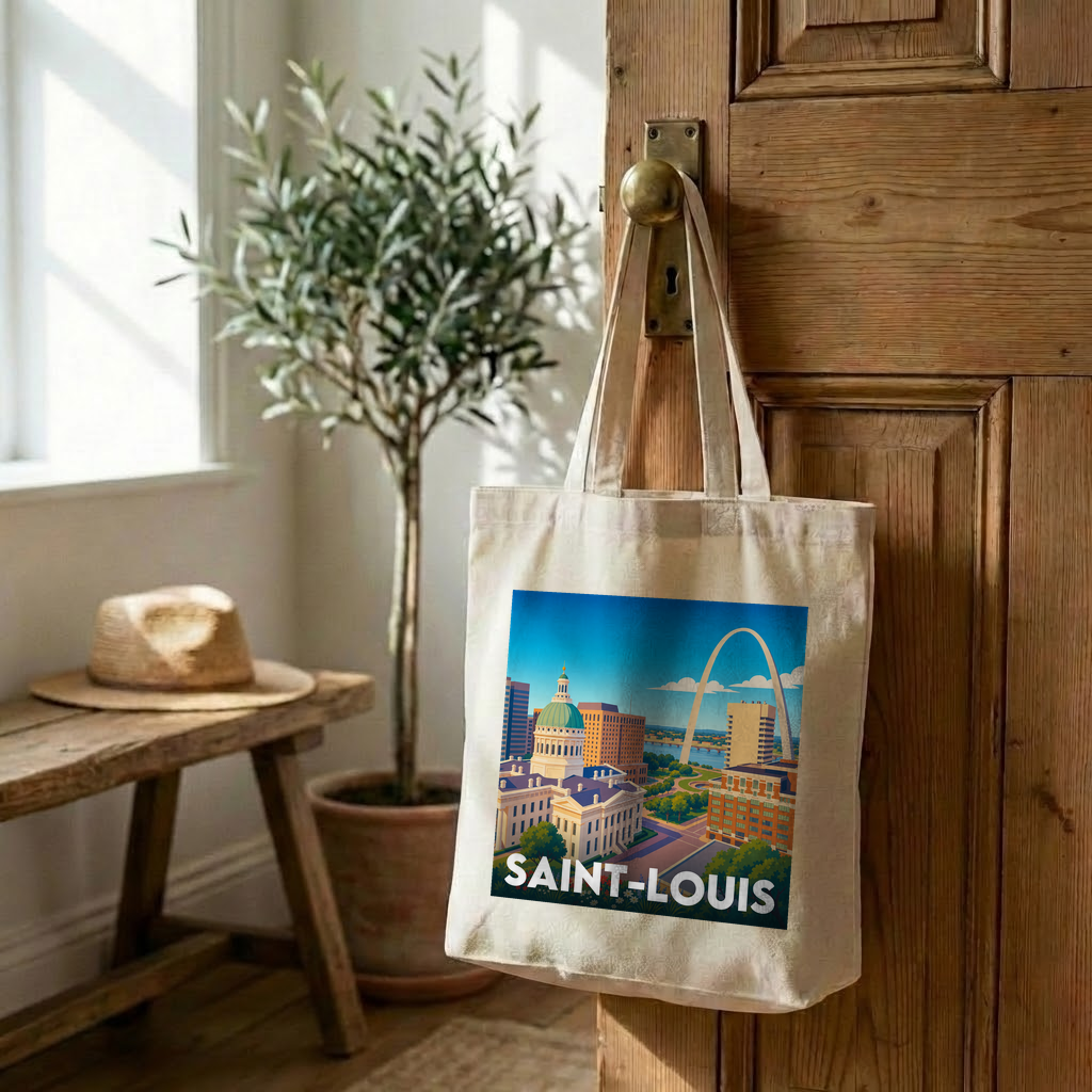 Tote bag souvenir de la ville de Saint-Louis avec une illustration stylisée.
