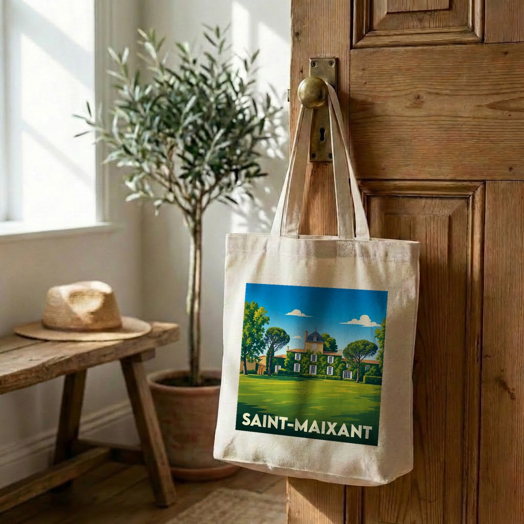 Sac cabas en toile souvenir de la ville de Saint-Maixant avec une illustration stylisée d'un domaine viticole.