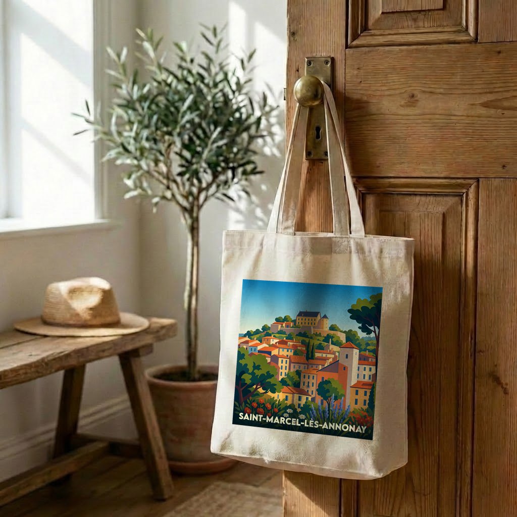Tote bag souvenir de la ville de Saint-Marcel-lès-Annonay avec une illustration colorée et stylisée.