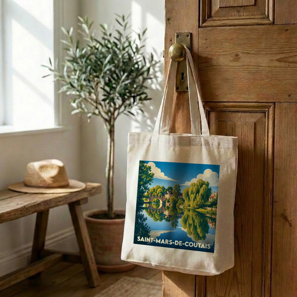 Tote bag souvenir de la ville de Saint-Mars-de-Coutais avec une illustration paysagère stylisée.