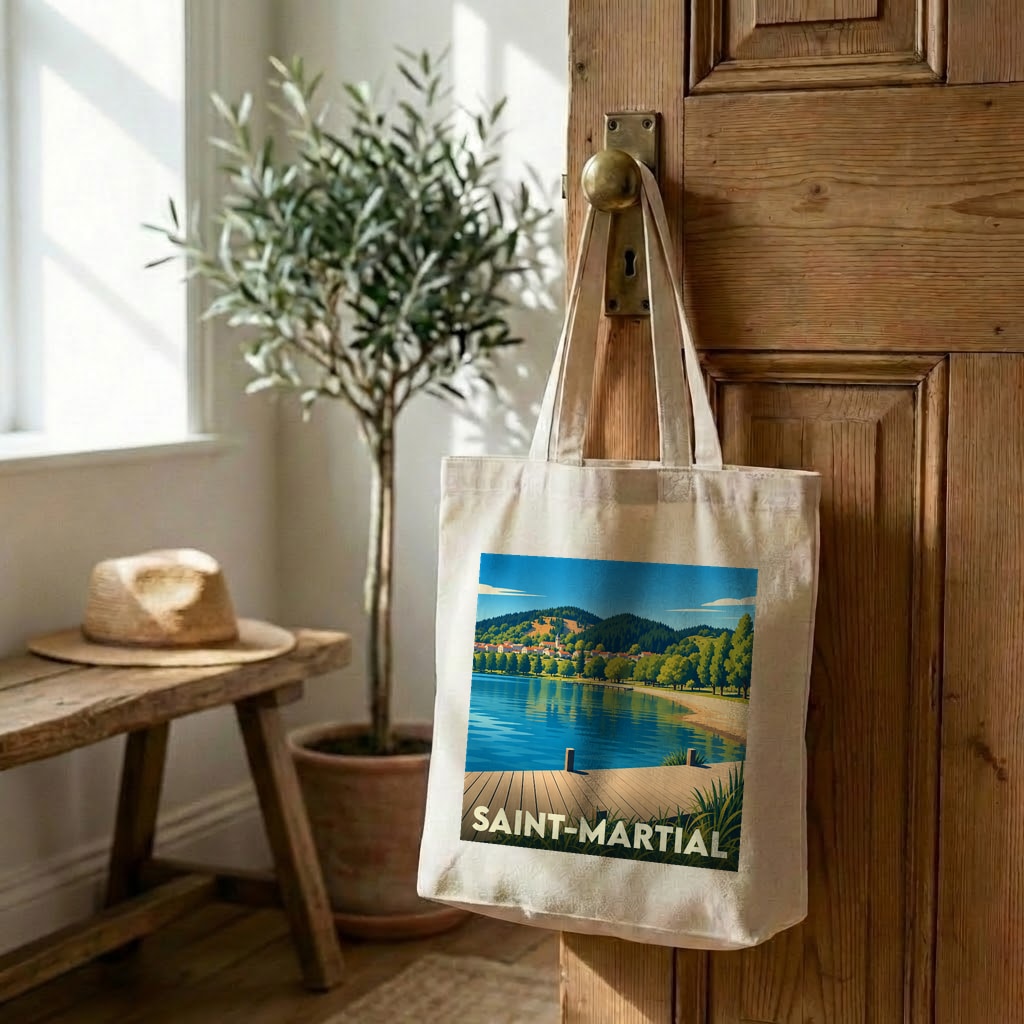 Tote bag souvenir de la ville de Saint-Martial orné d'une illustration stylisée de son lac et de ses montagnes.