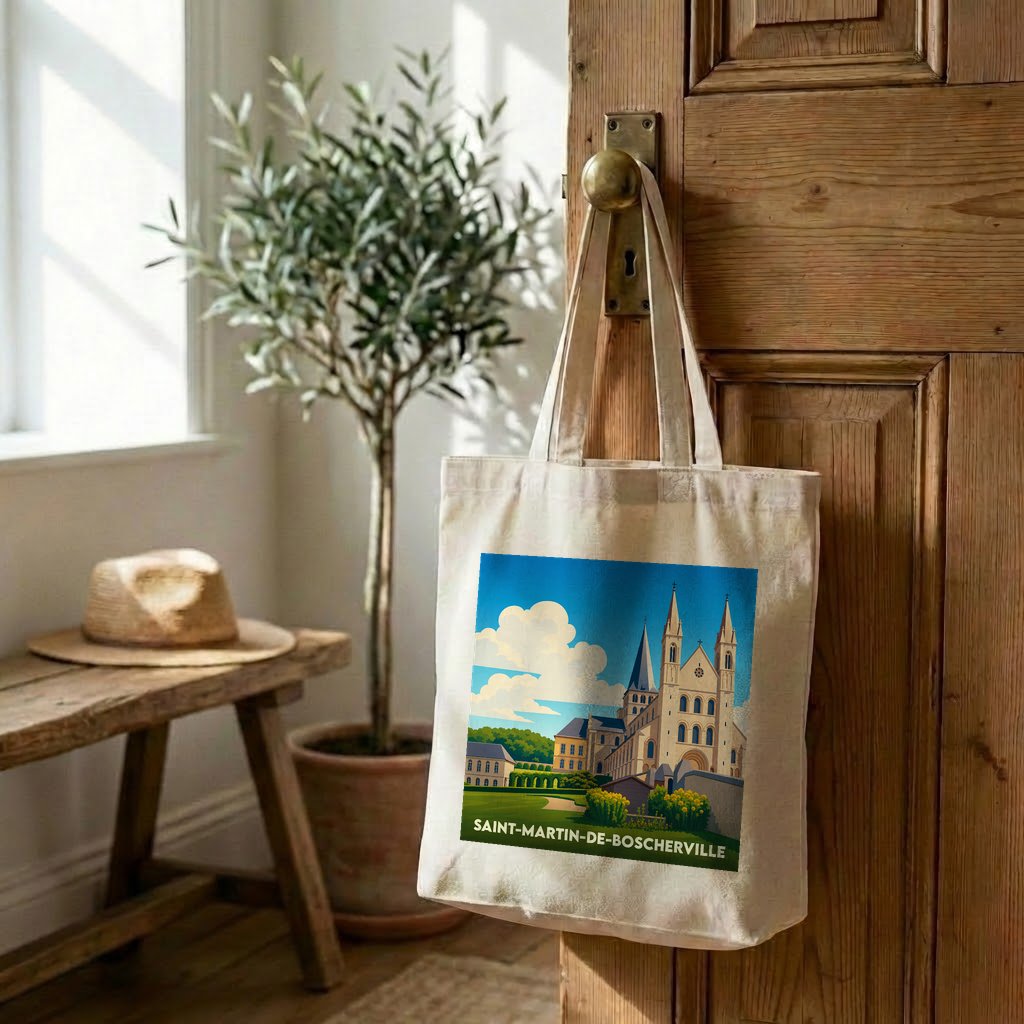 Tote bag souvenir de Saint-Martin-de-Boscherville orné d'une illustration stylisée de son abbaye.