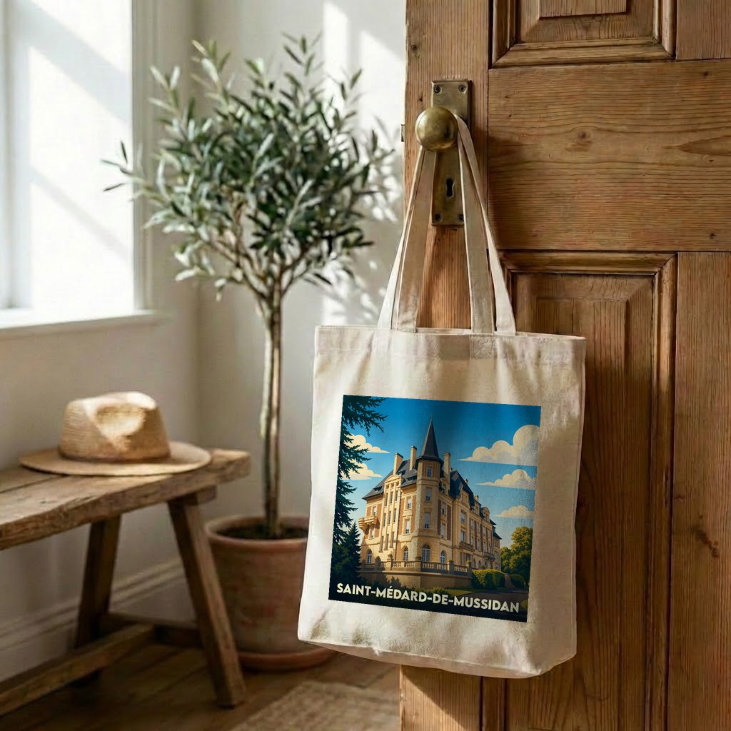 Tote bag souvenir de Saint-Médard-de-Mussidan orné d'une illustration stylisée de château.