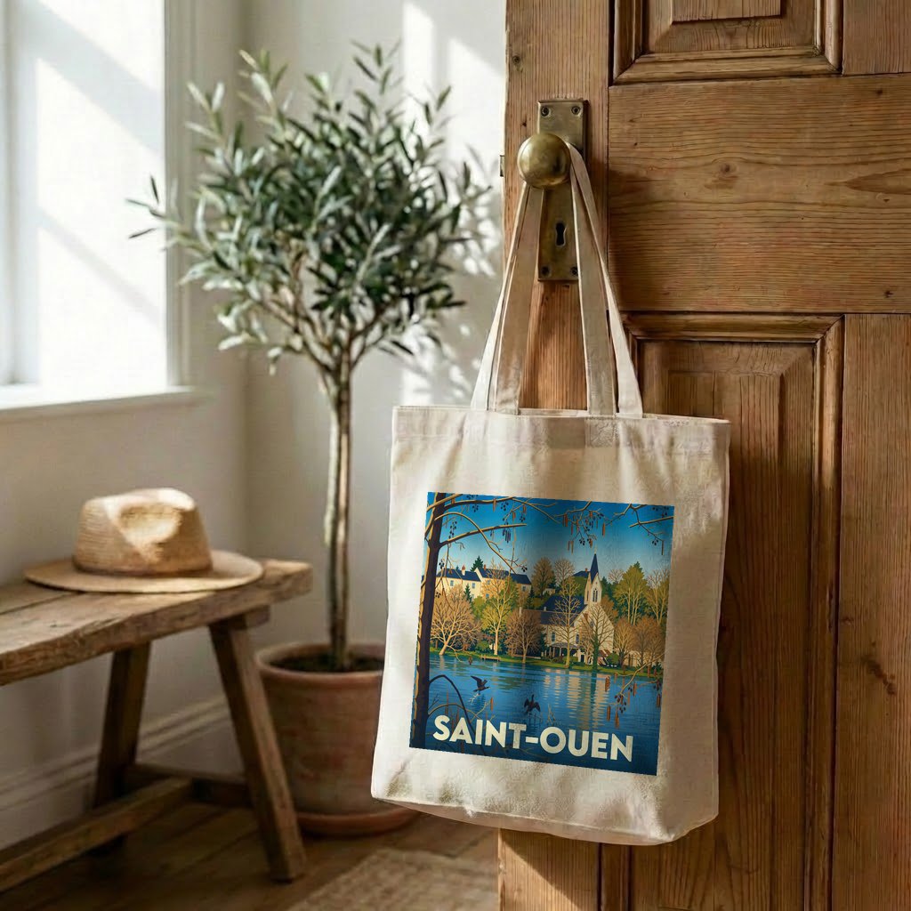 Sac cabas en toile souvenir de la ville de Saint-Ouen avec une illustration stylisée.