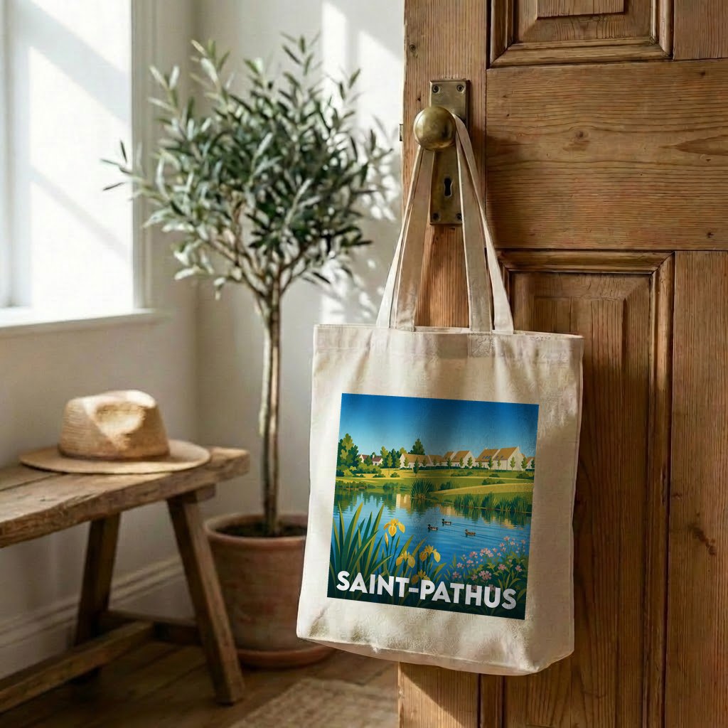 Tote bag souvenir de la ville de Saint-Pathus avec une illustration paysagère stylisée.