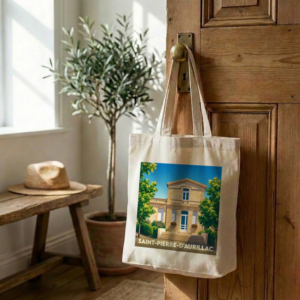 Tote bag souvenir de la ville de Saint-Pierre-d’Aurillac avec une illustration stylisée d’une bâtisse locale.