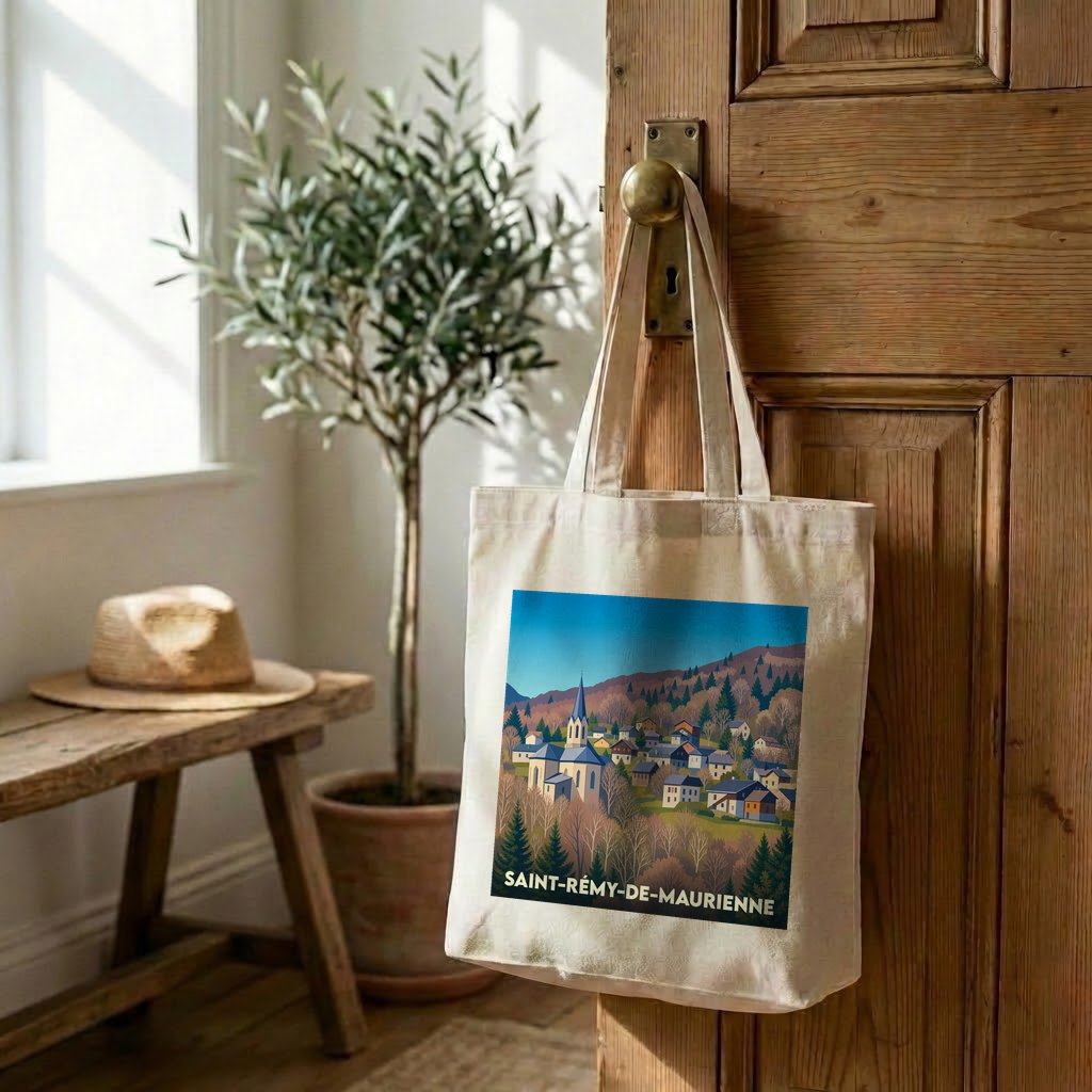 Tote bag souvenir de la ville de Saint-Rémy-de-Maurienne avec une illustration stylisée.