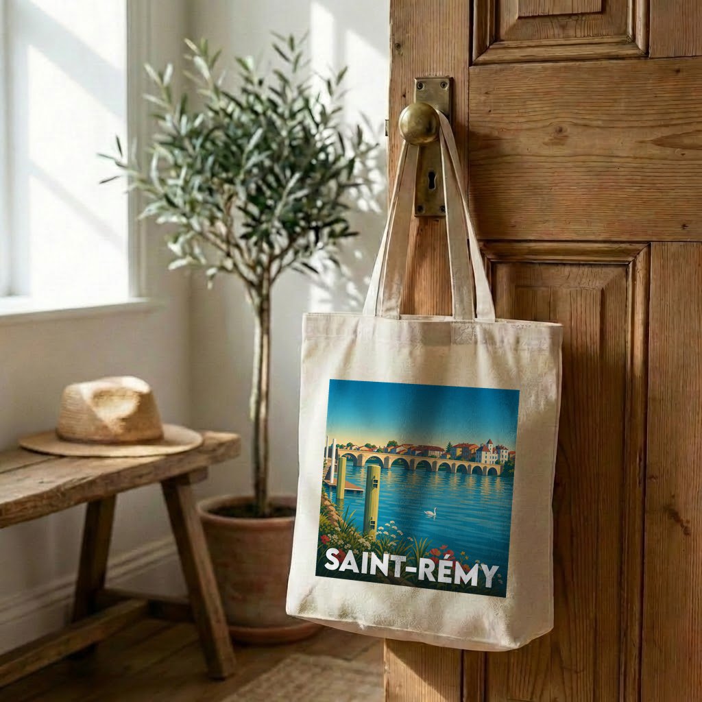 Tote bag souvenir de la ville de Saint-Rémy avec une illustration stylisée d'un paysage fluvial.