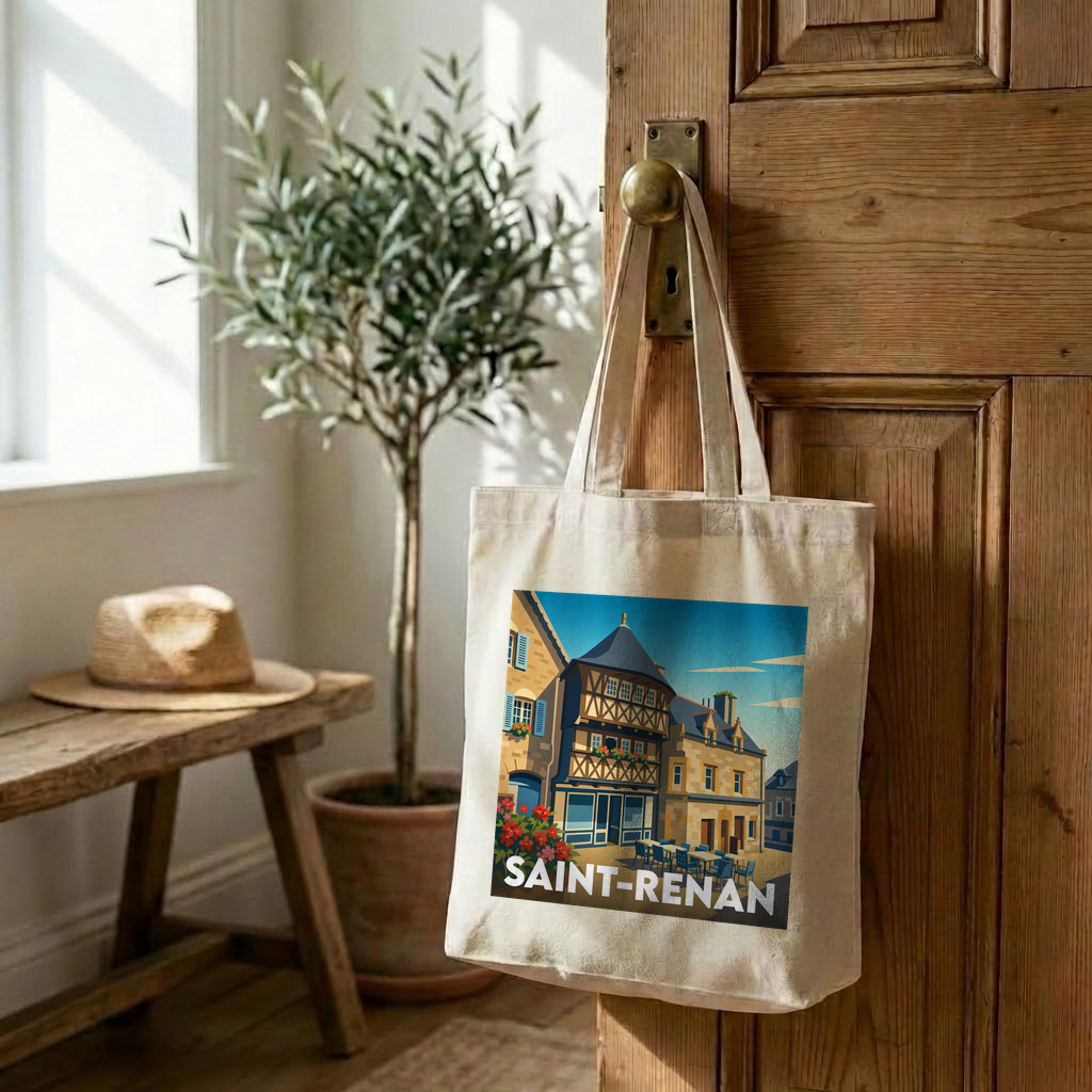 Tote bag souvenir de la ville de Saint-Renan avec une illustration stylisée.
