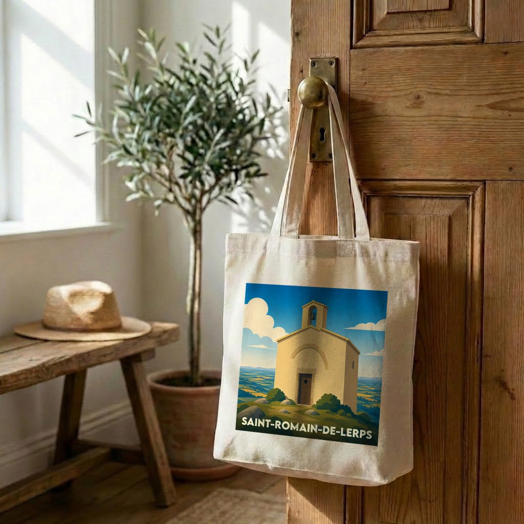 Tote bag souvenir de Saint-Romain-de-Lerps avec une illustration stylisée de son belvédère.