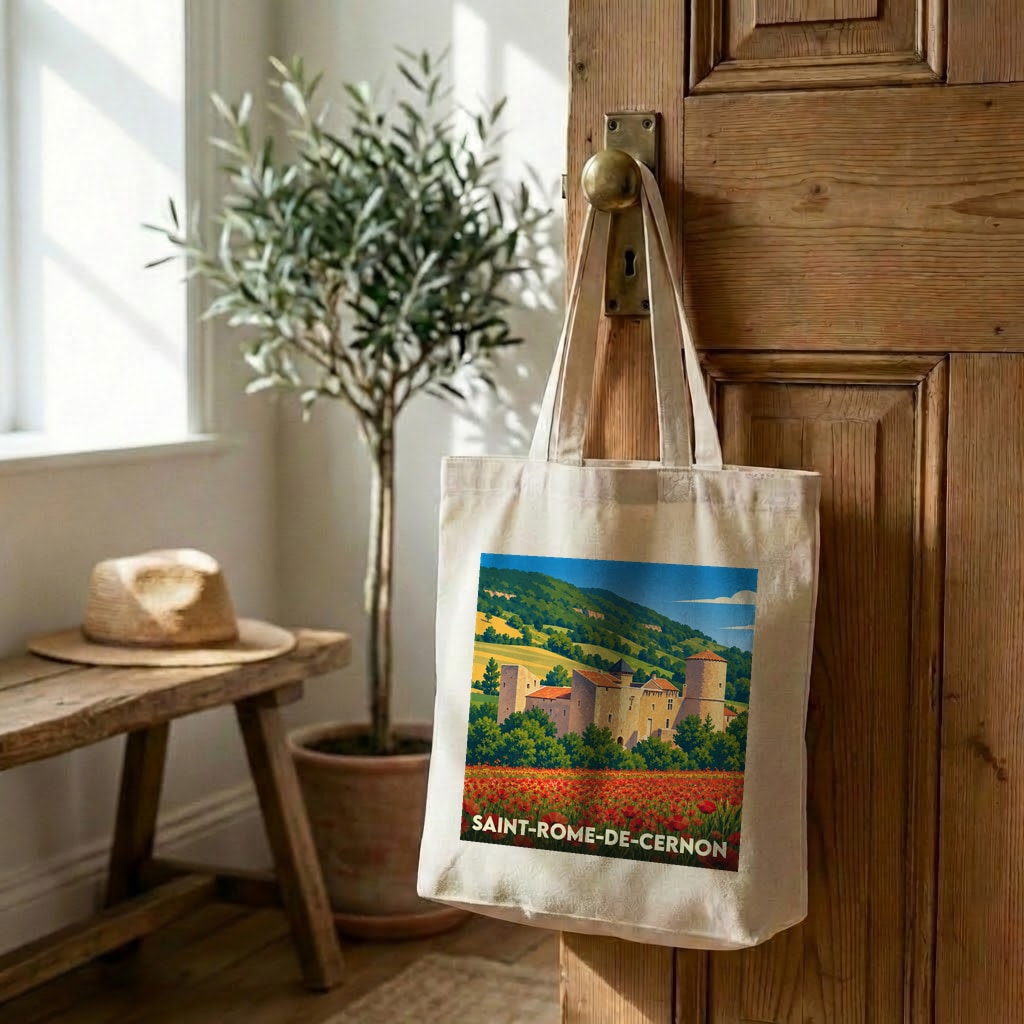 Tote bag souvenir de la ville de Saint-Rome-de-Cernon avec une illustration stylisée d'un château au milieu des coquelicots.