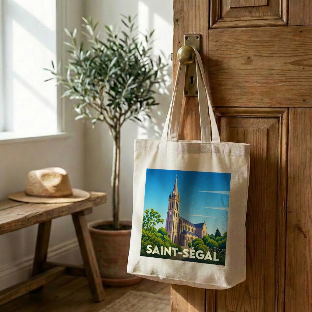 Tote bag souvenir de la ville de Saint-Ségal avec une illustration stylisée de son église.