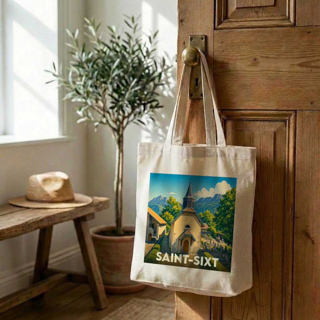 Tote bag souvenir de la ville de Saint-Sixt avec une illustration stylisée.